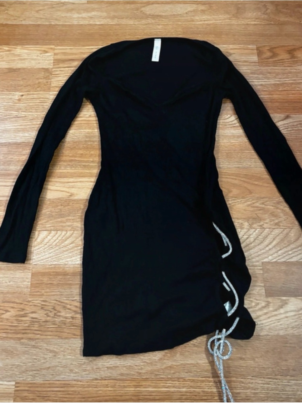 Black Long-Sleeve Ruched Side Tie Dress
